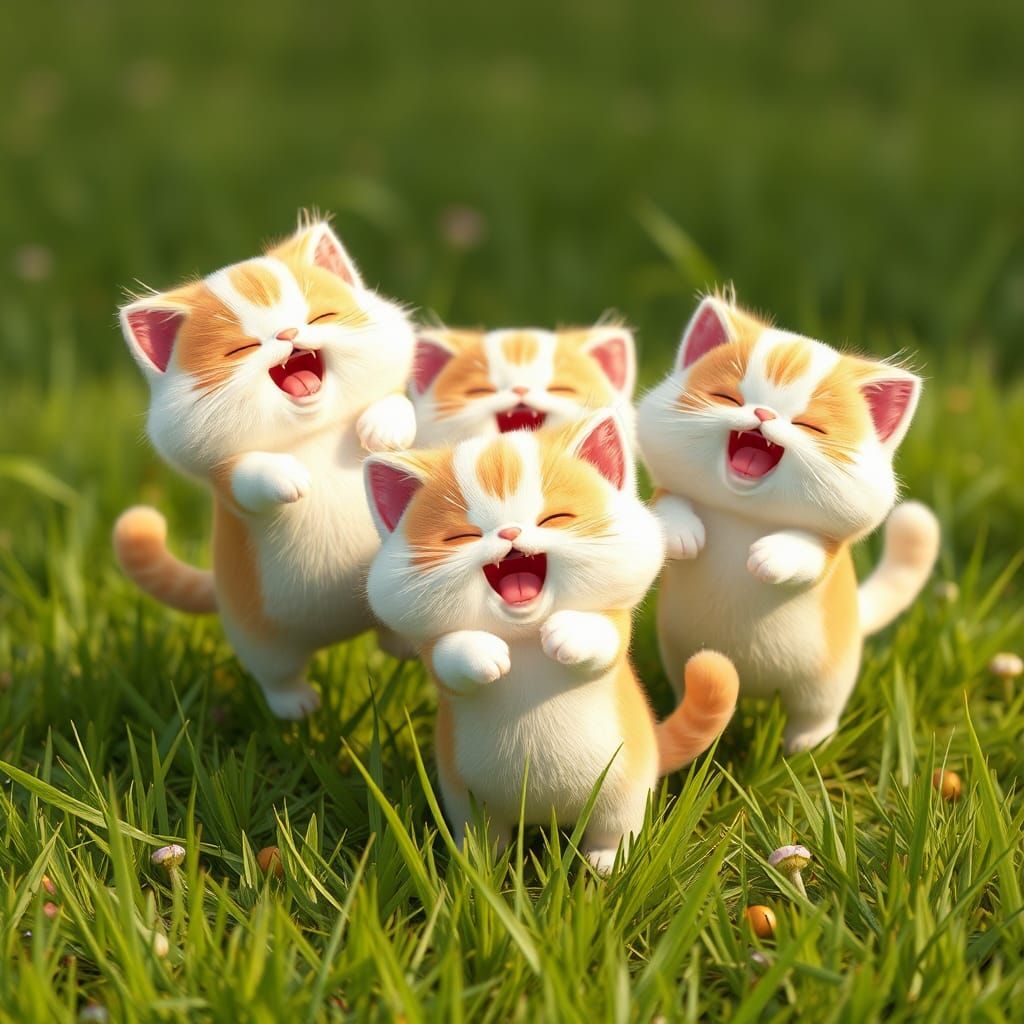 Marshmallow Cats Playing in Grass, CGI Render