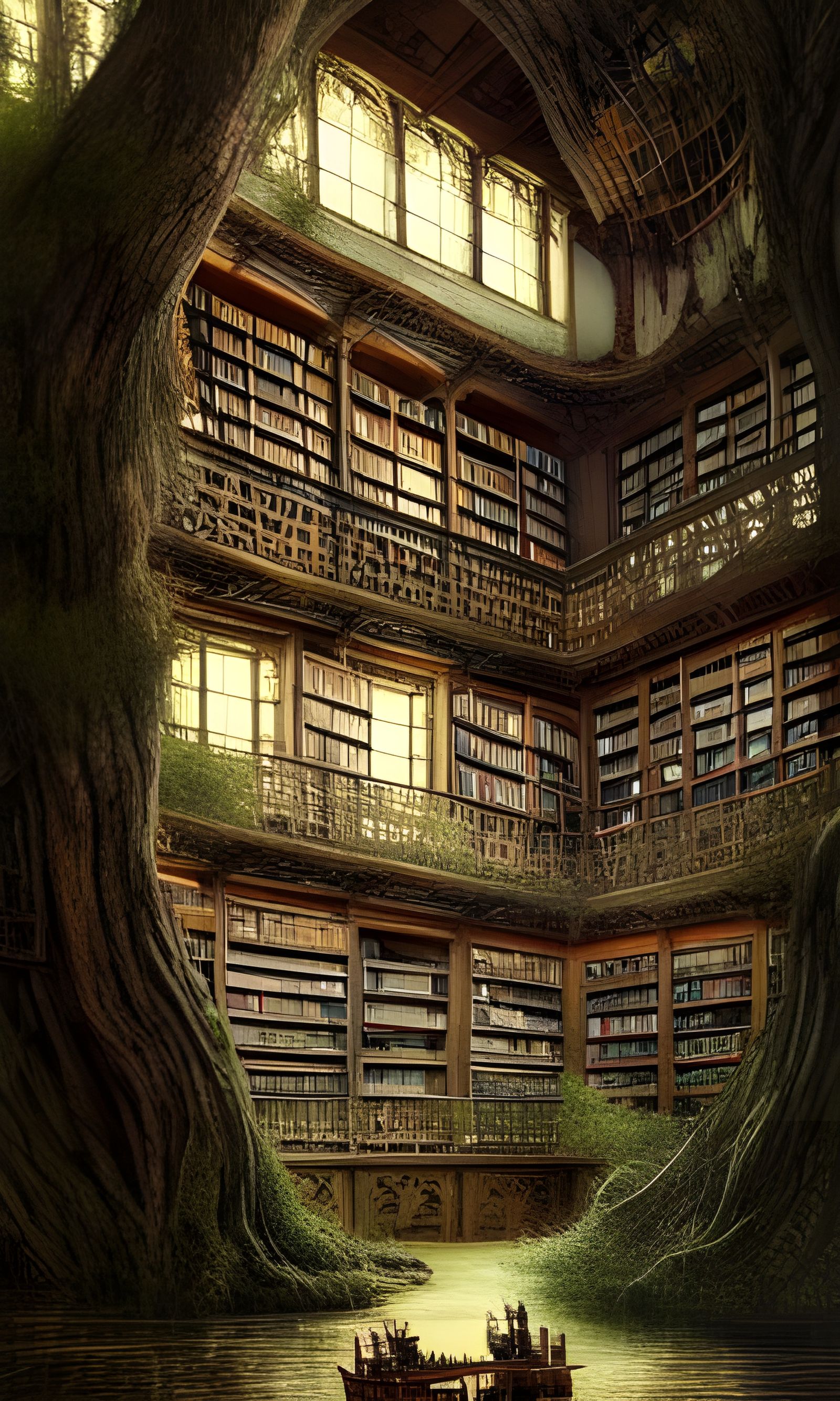 Library in Willow Tree: Hyper-detailed Mixed Media Art