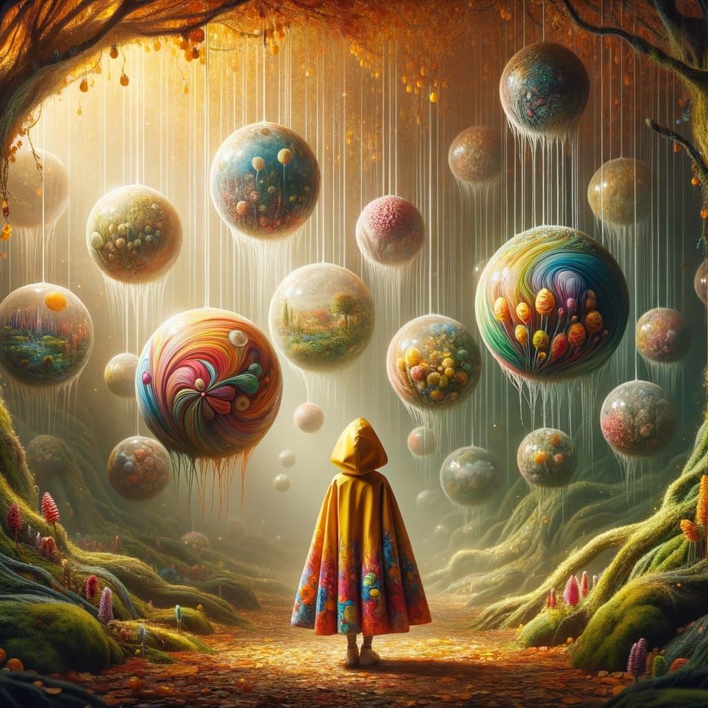 Girl in Whimsical Garden with Bubble Fruit