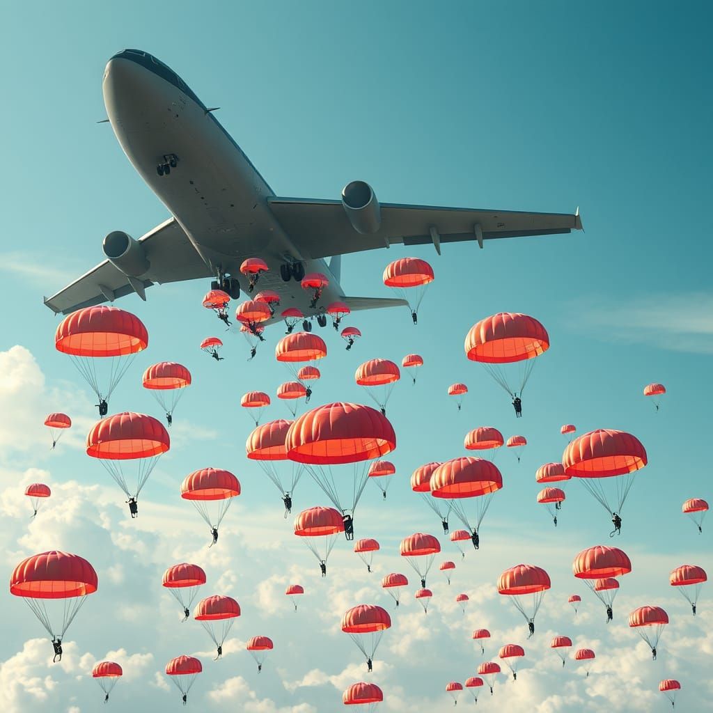 Military Transport Aircraft Deploys Paratroopers in Majestic...
