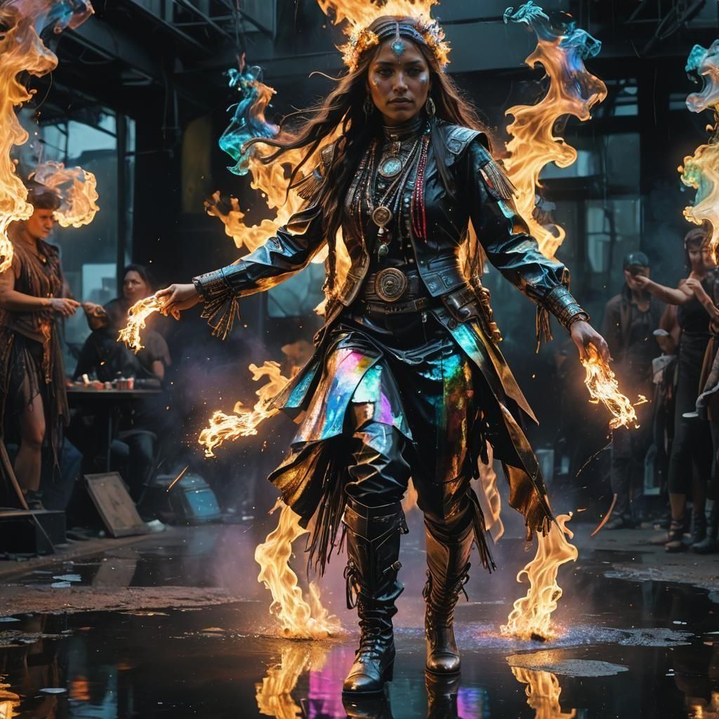 Native American Woman Dancing in Steampunk Fire