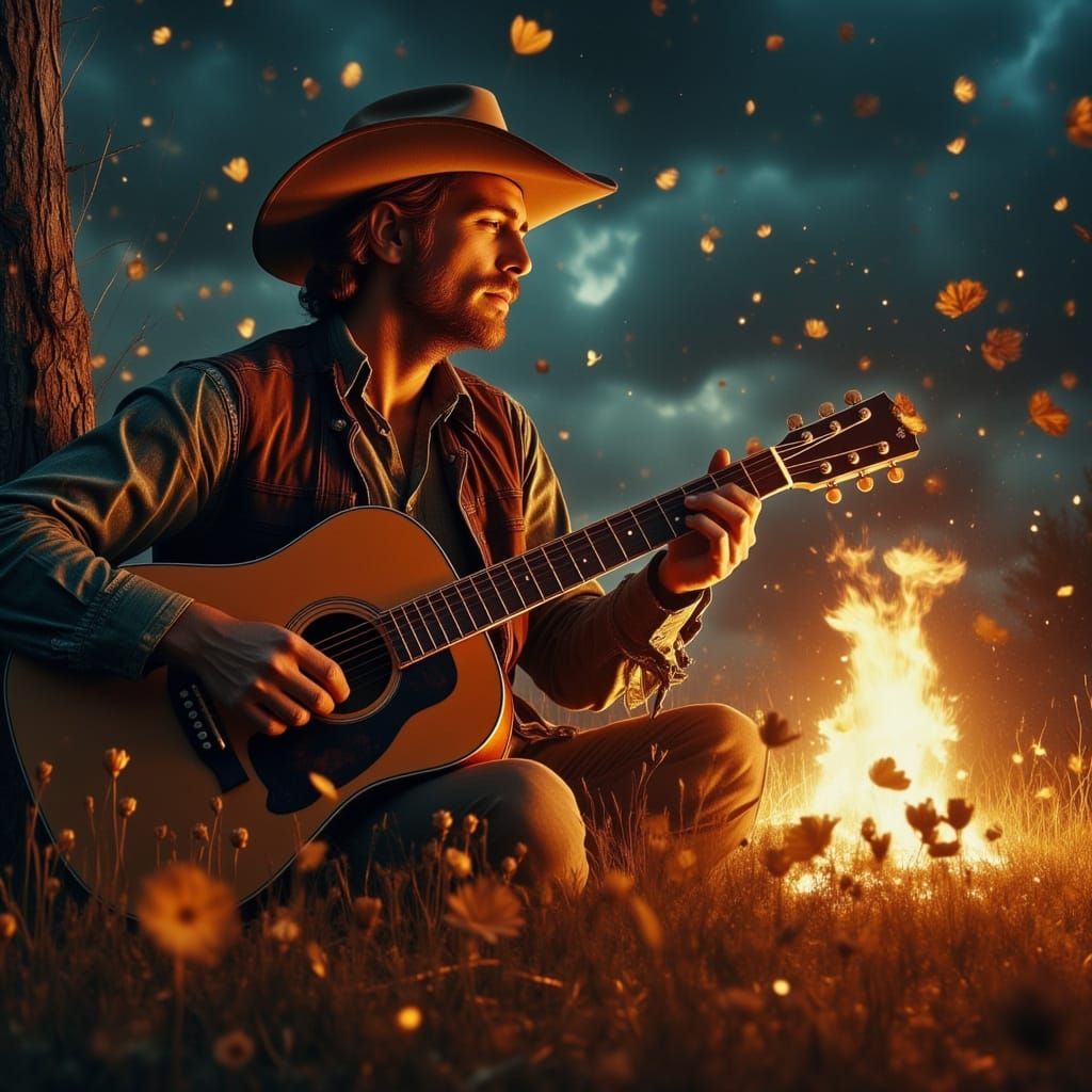Cowboy Serenade with Angels, Hyperrealistic Western Scene