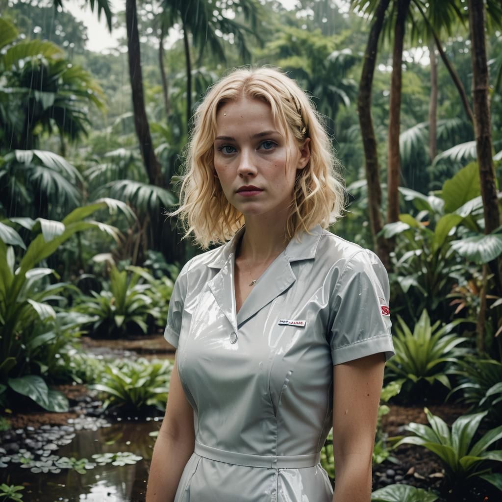 Woman in Latex Nurse Dress in Rain Garden