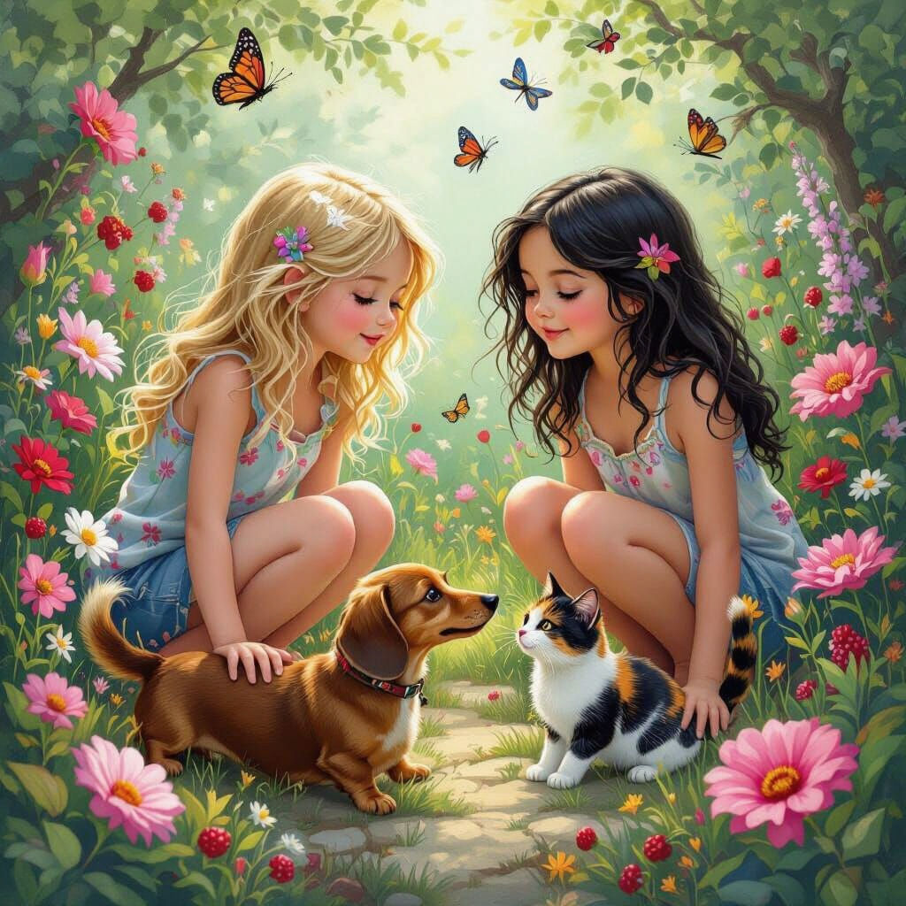 Girls with Pets in Enchanted Fairy Garden