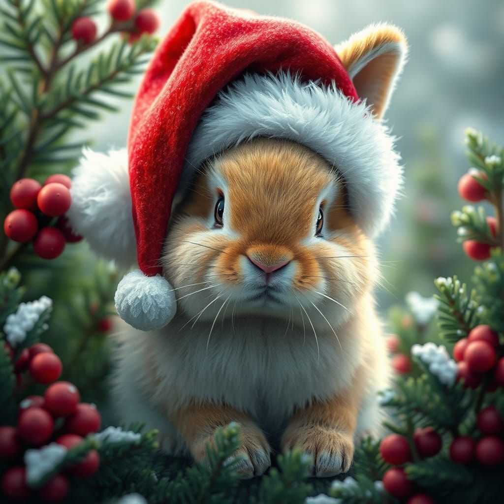 Whimsical Winter Wonderland Bunny in Vibrant Red Santa Hat