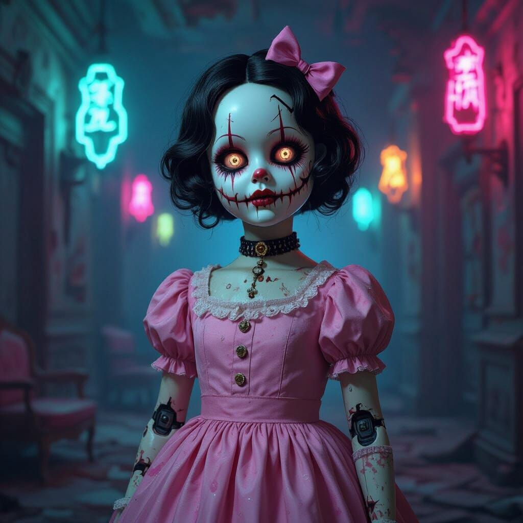 Grotesque Porcelain Doll Supervillain in Decaying Ballroom