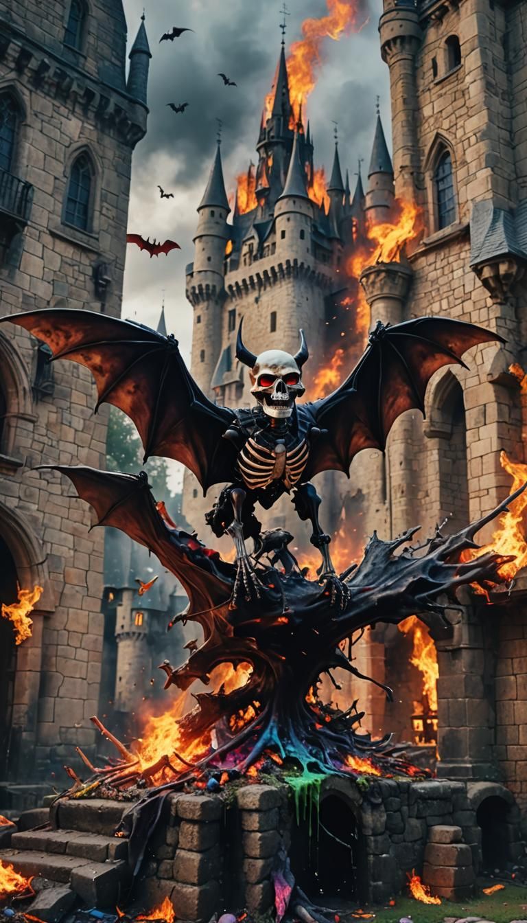 Psychedelic Skeleton Bat Over Castle, Ultra-Realistic 8K