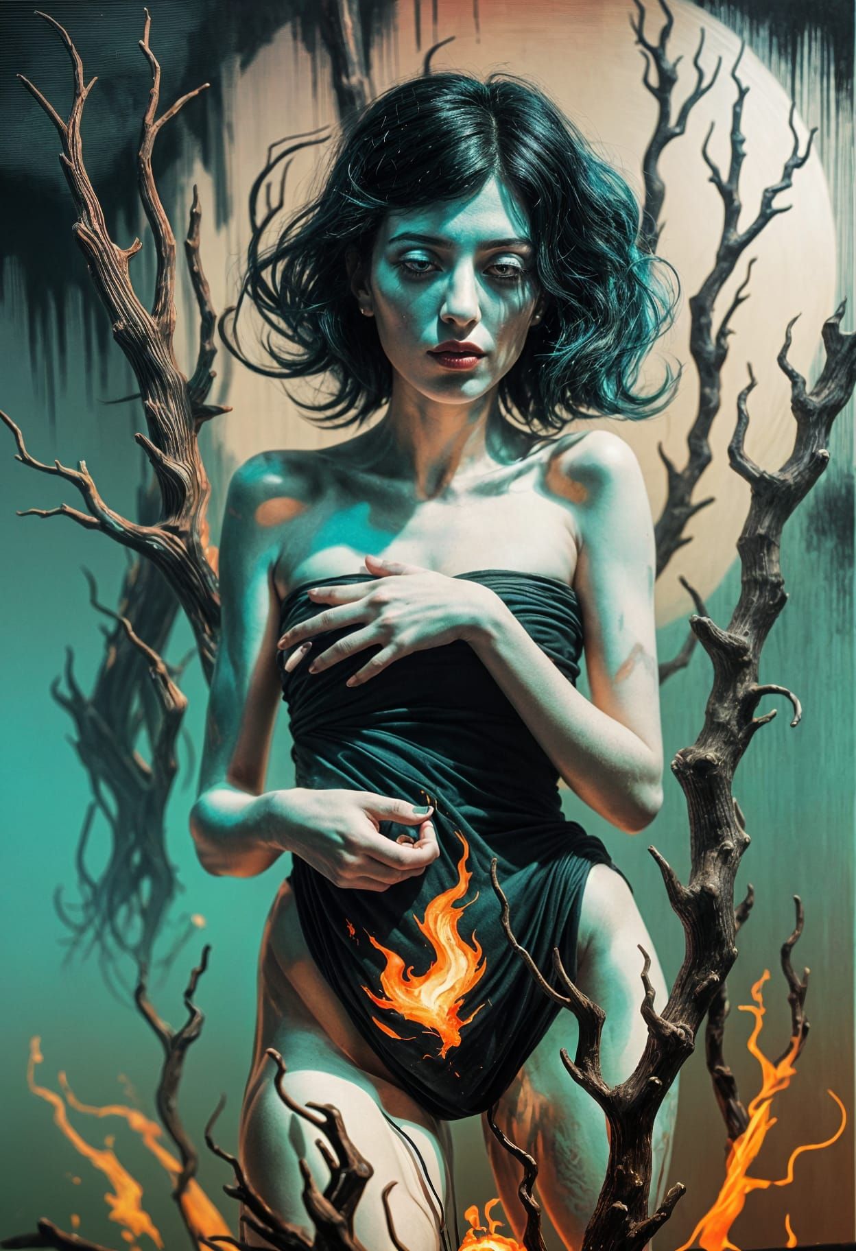 Surreal Woman Portrait in Fiery Synthwave Style