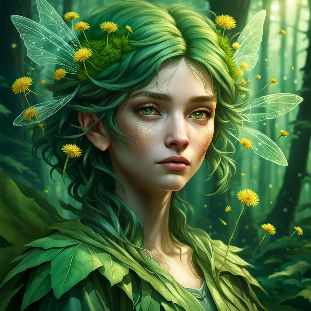 A dandelion faery in a lush green forest