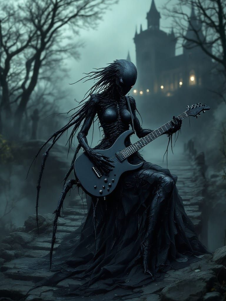 Undead Spider-Crow Hybrid Shreds Guitar in Dark Cityscape