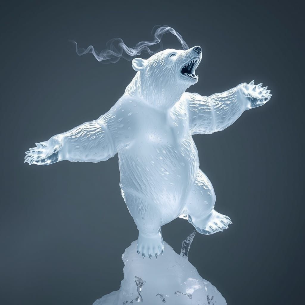 Majestic Ice Bear in Joyful Leap with Smoky Aura
