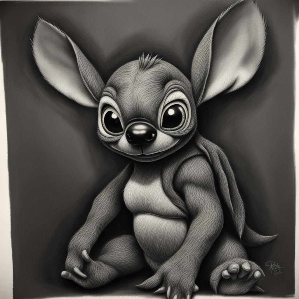 Hyperdetailed Charcoal Drawing of Stitch