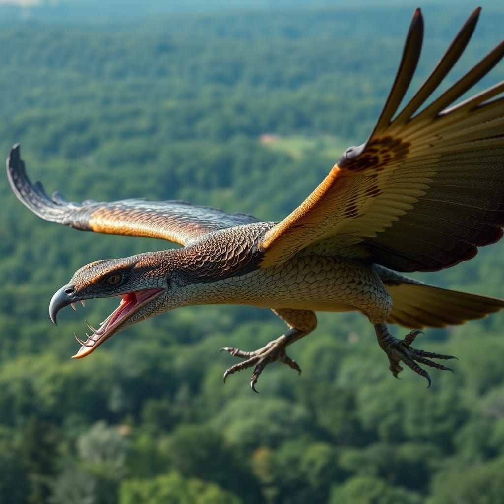 Half-Reptile, Half-Bird with Metallic Beak Over Forest