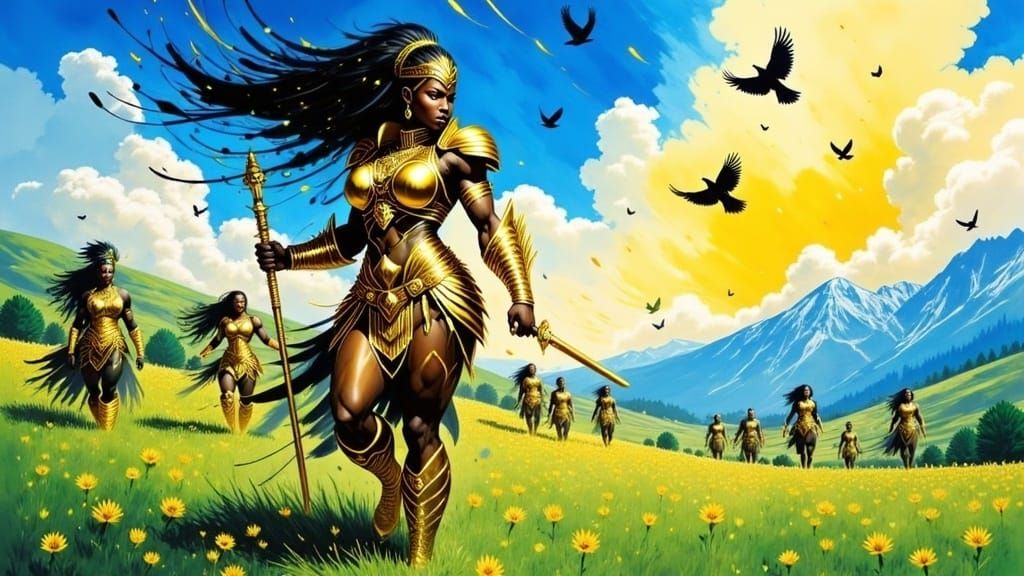 Ethereal Warrior Queen Leading Troops in Watercolor Style