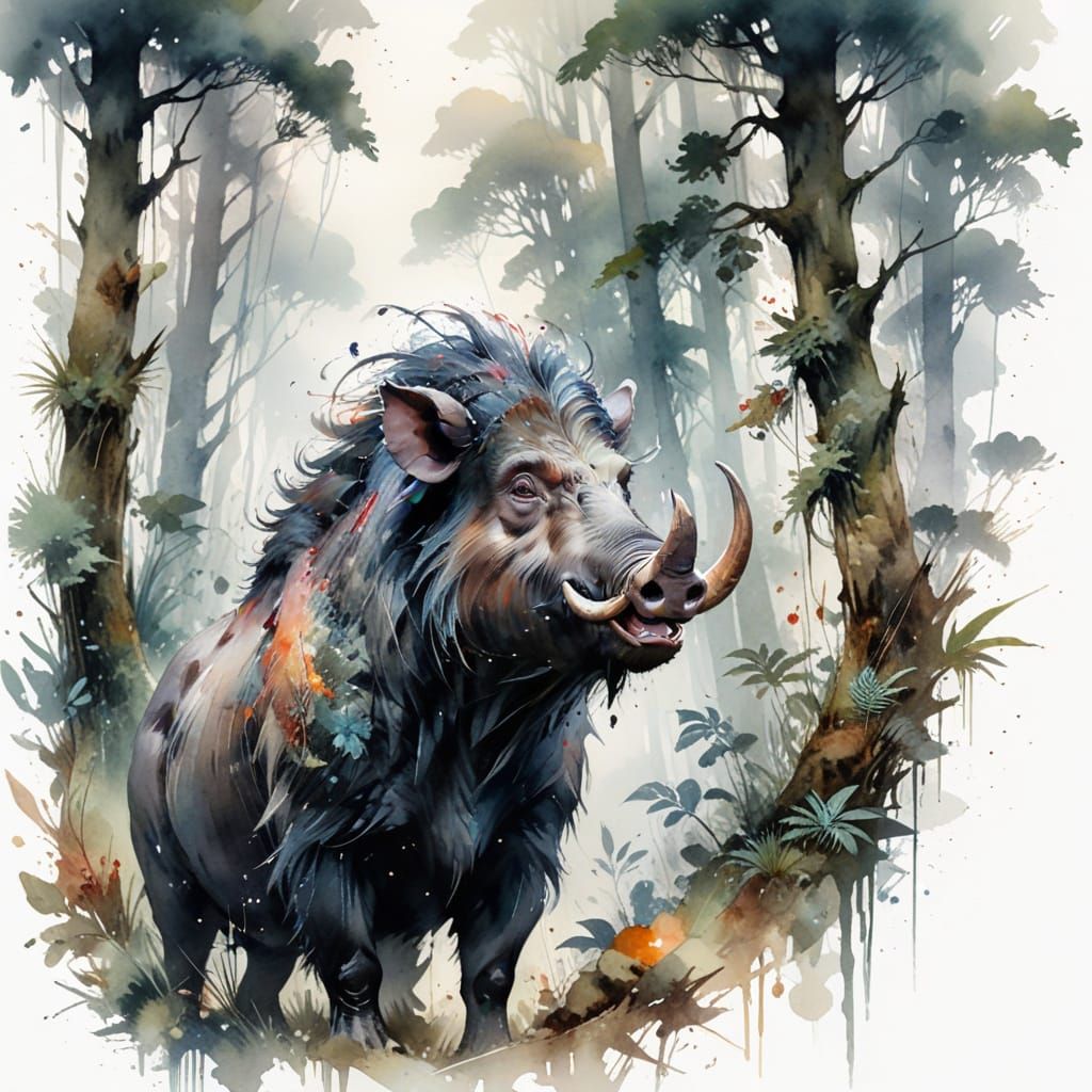 Misty Morning Forest Hog Forages in Wild Untamed Strength