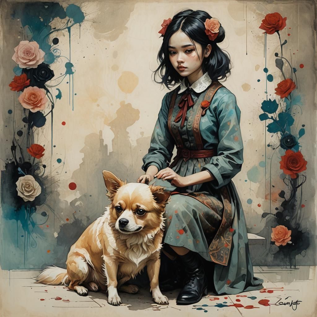 Girl with Pomchi Dog in Neo-Impressionist Style