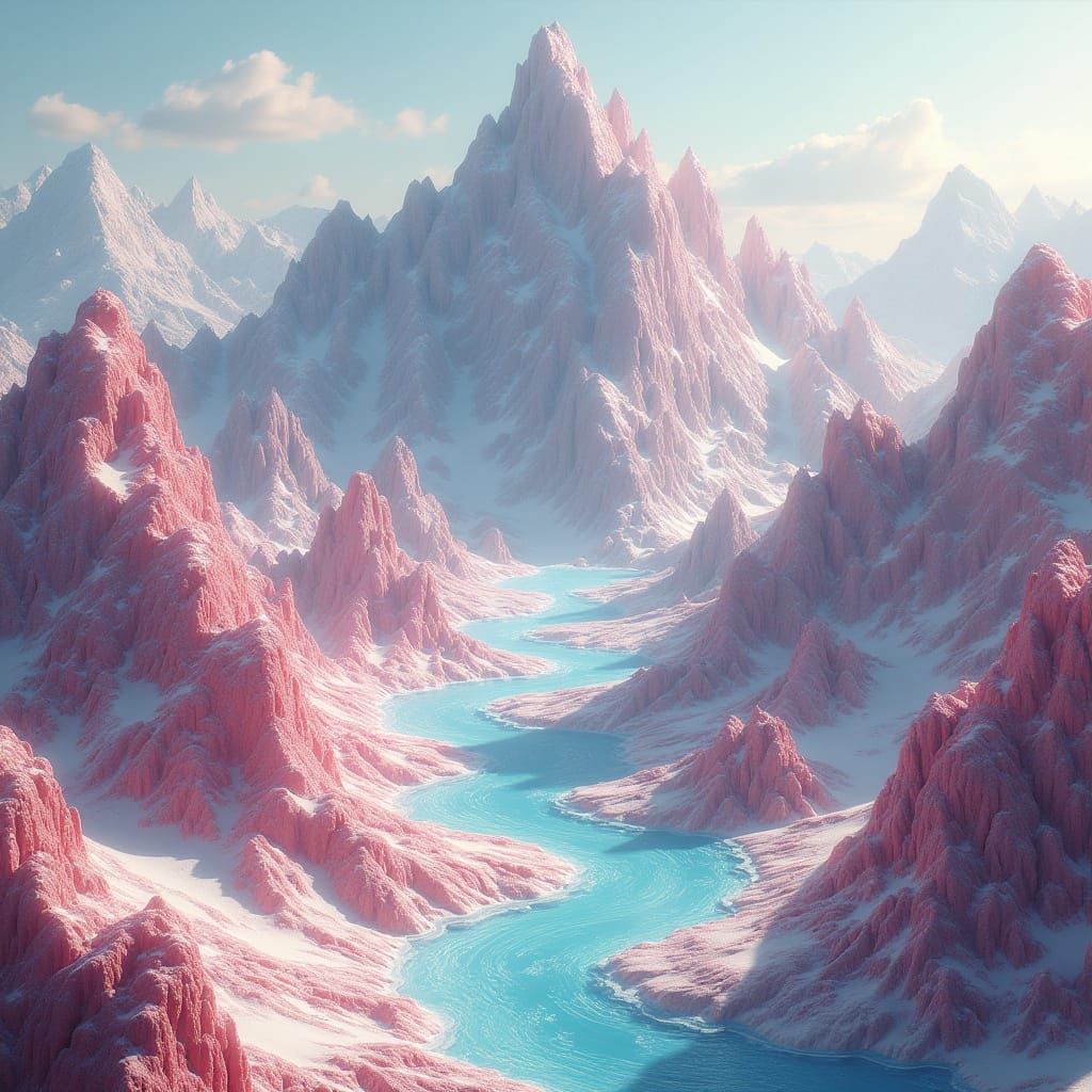 Hyperrealistic Ice Cream Mountain Range with Chocolate River...