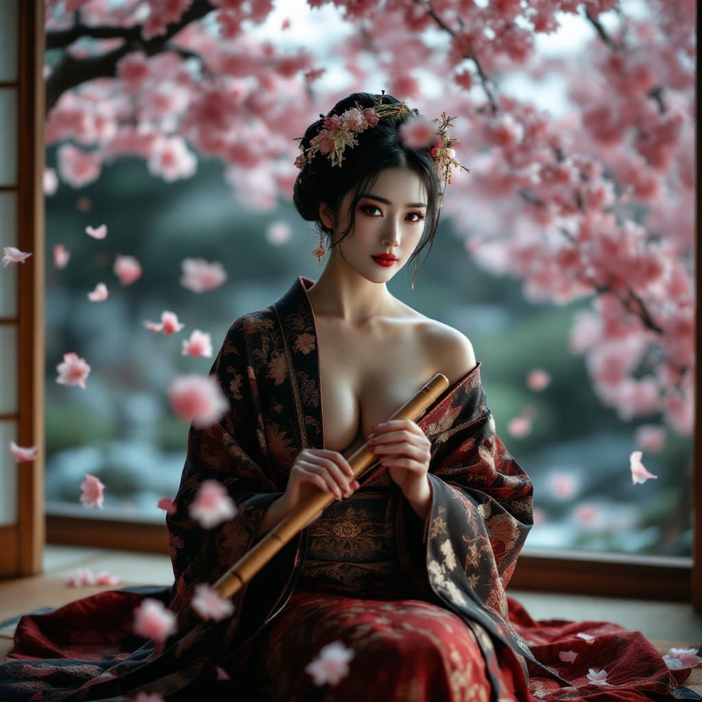 Elegant Geisha with Cherry Blossoms in Film Noir Style