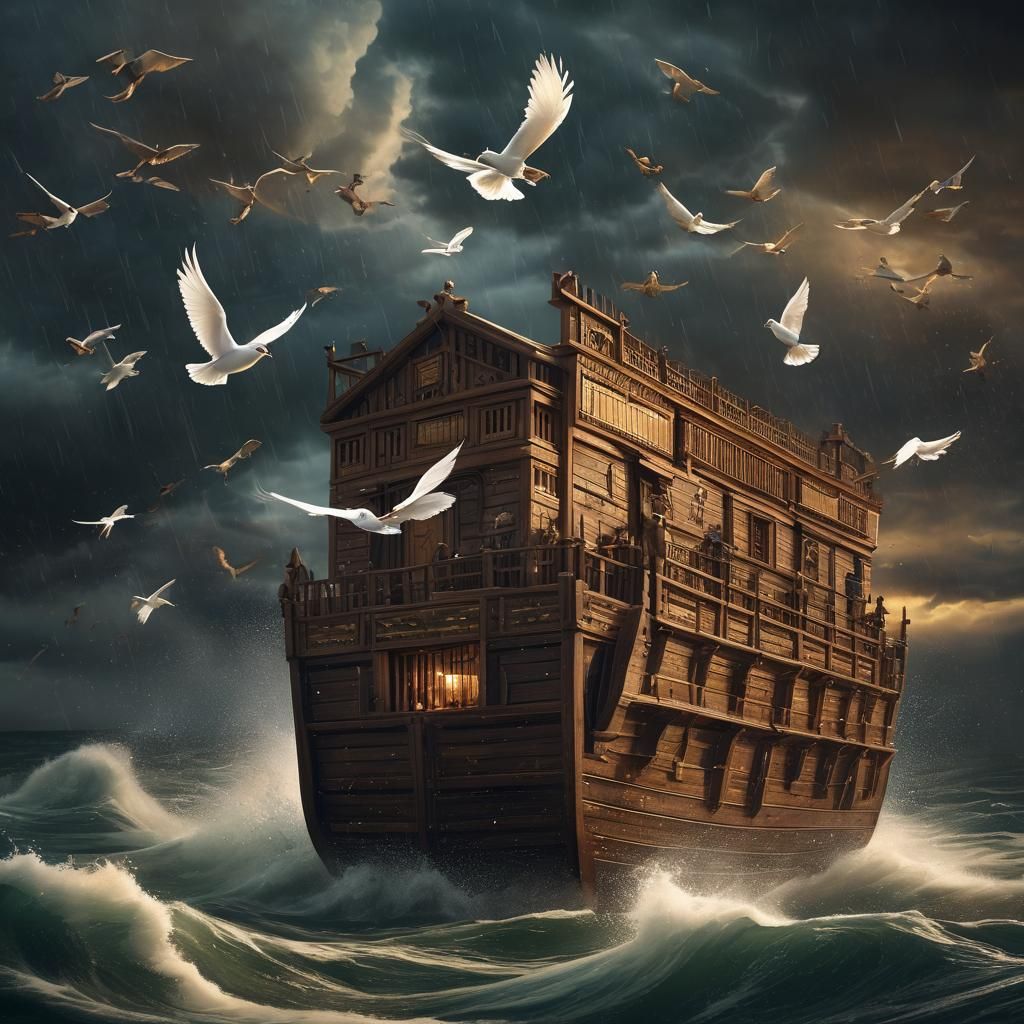 Epic Biblical Ark Illustration on Stormy Sea