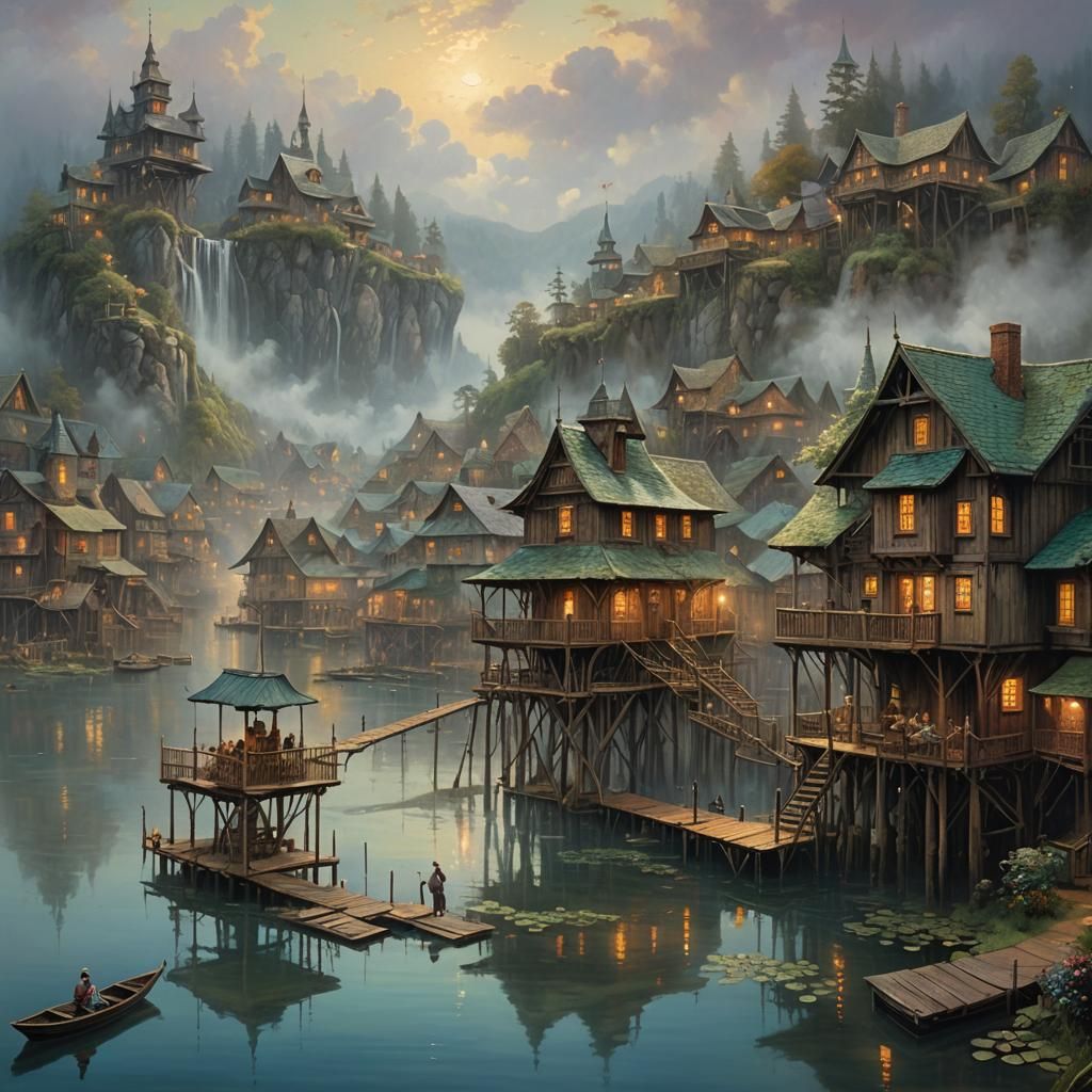 Lakeside Town on Stilts: Ethereal Oil Painting