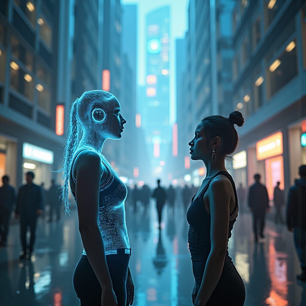 Futuristic City Walker Interacting with Holographic AI