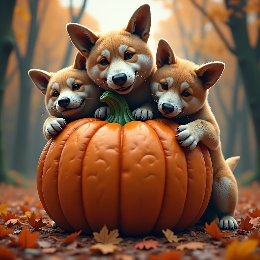 Three-Headed Dog with Pumpkin Toy in Fantasy Realm
