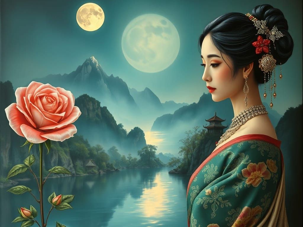 Surreal Portrait Merging Woman, Rose, and Chinese Landscape