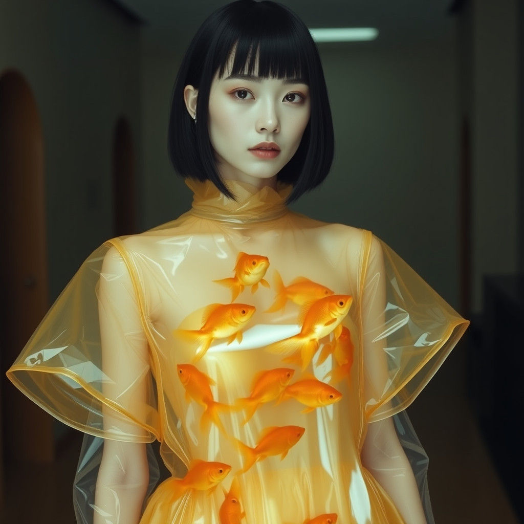 Surreal Futuristic Scene: Woman with Goldfish Dress