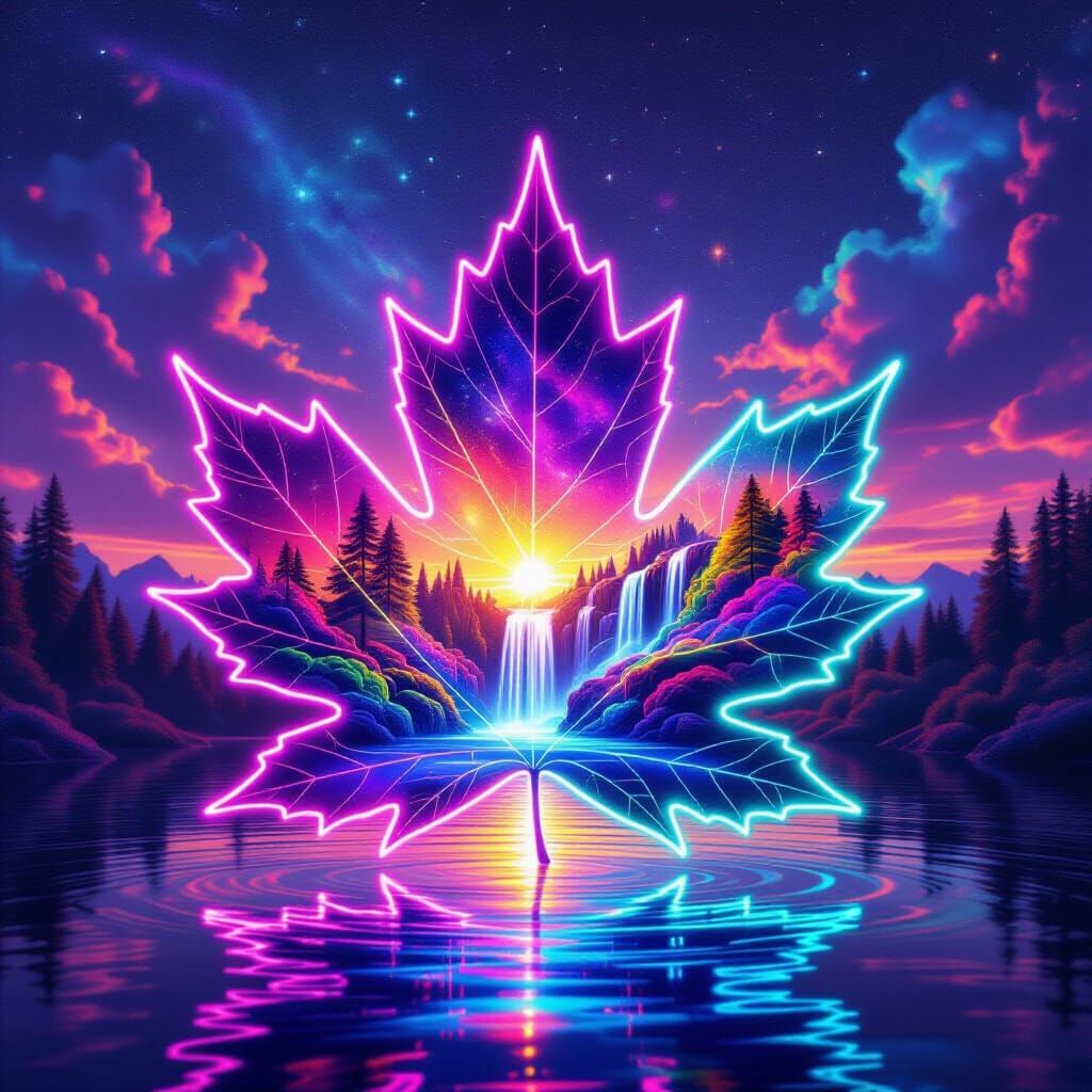 Cosmic Maple Leaf with Neon Energy and Dreamscape