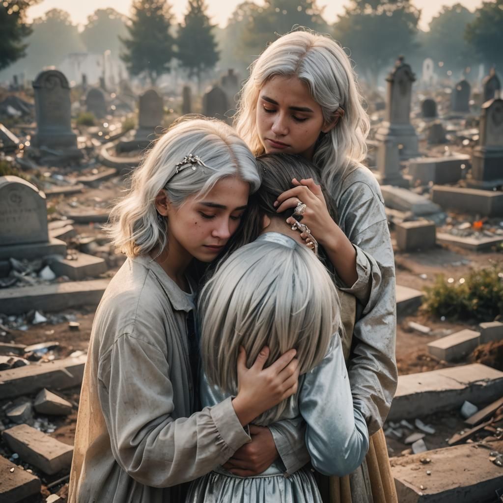 Emotional Portrait of Two Girls by a Grave