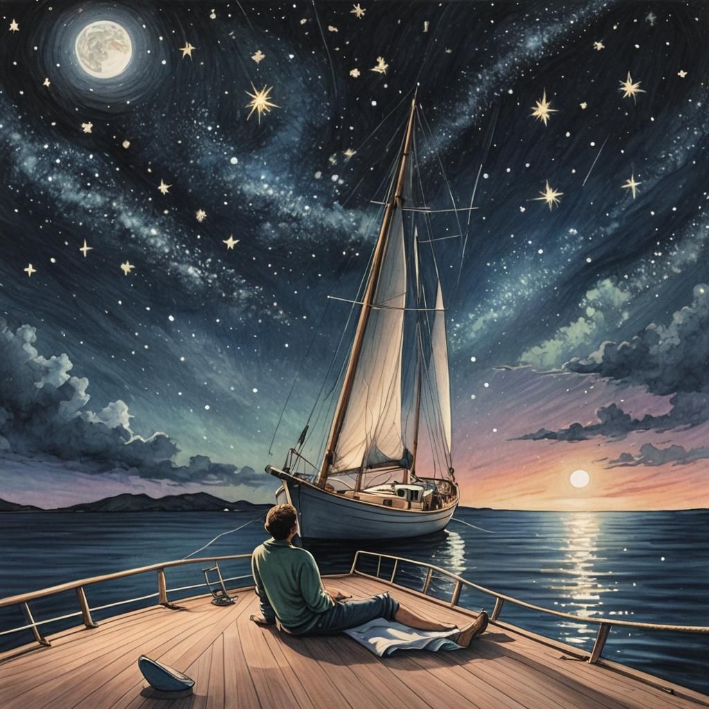 Starlit Sailboat Deck in Colored Pencil and Ink