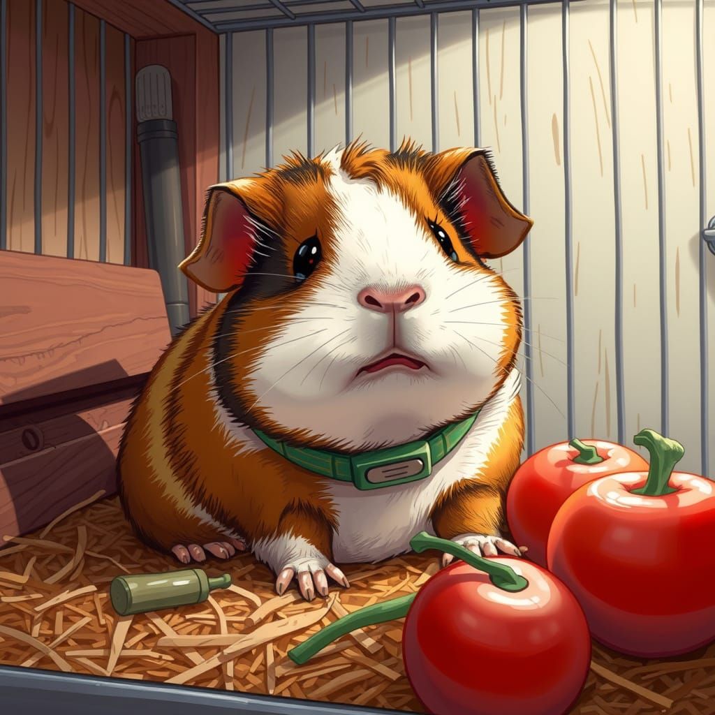 Guinea Pig in Cage: Hyper-Realistic Comic Style