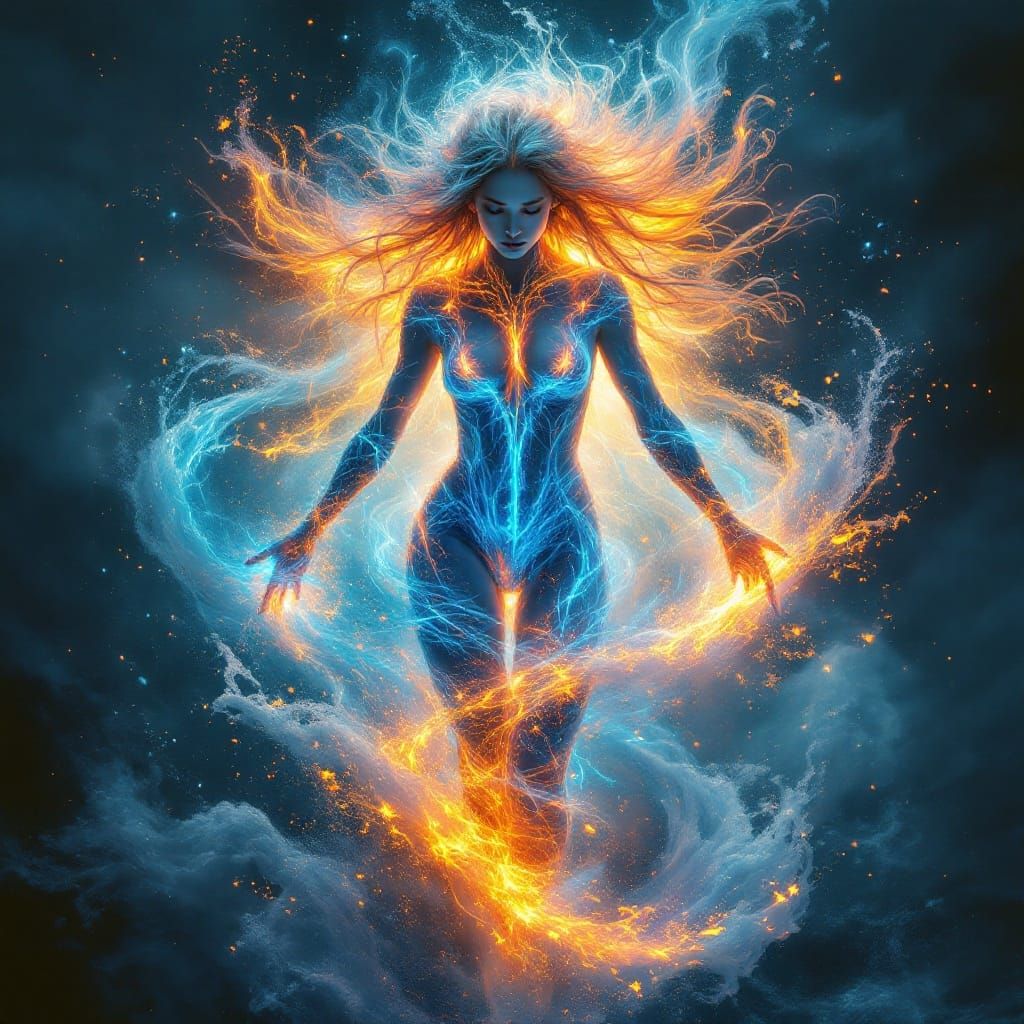 Elemental Woman Emerging from Chaos: Surreal Portrait