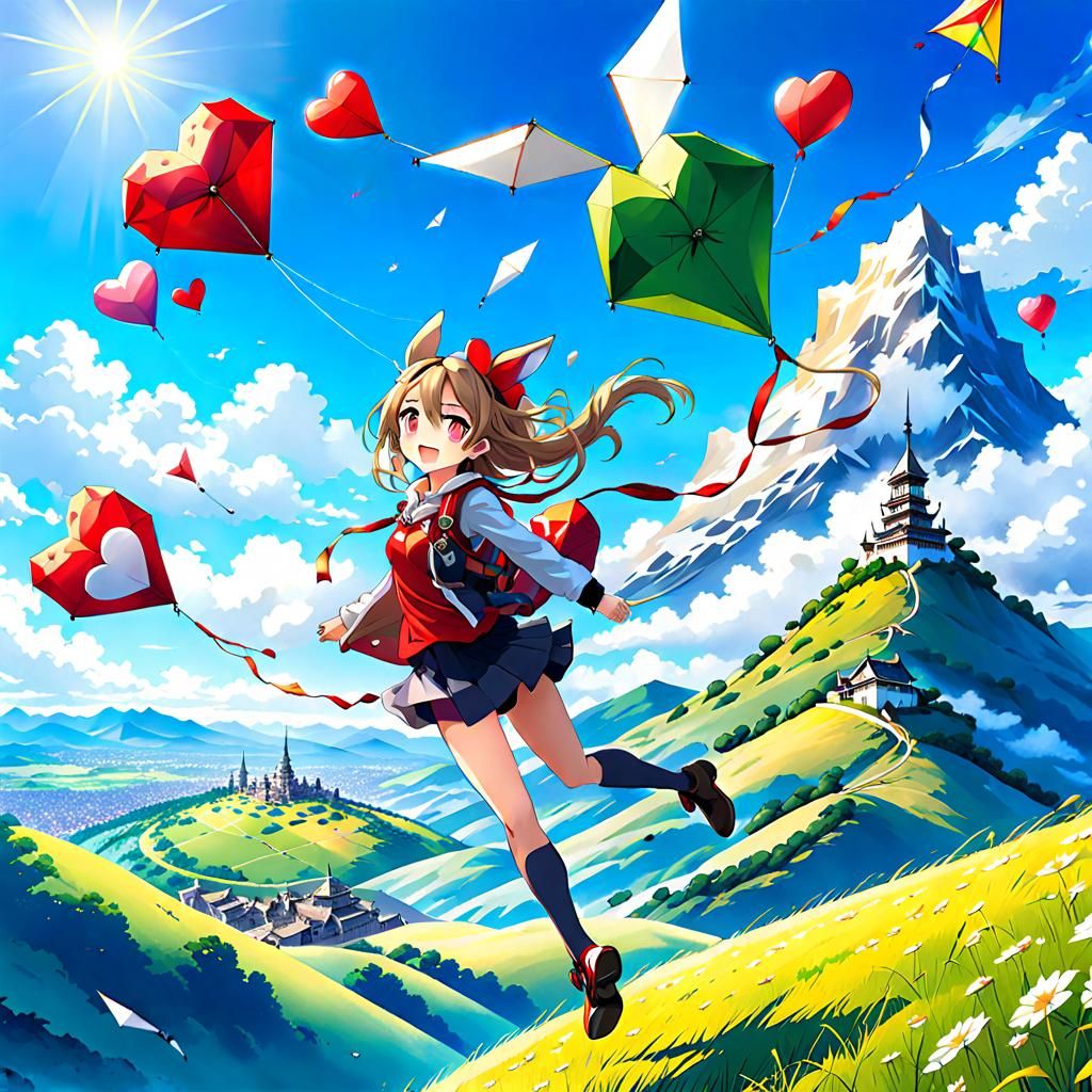 Anime Girl with Kites in Manga Style