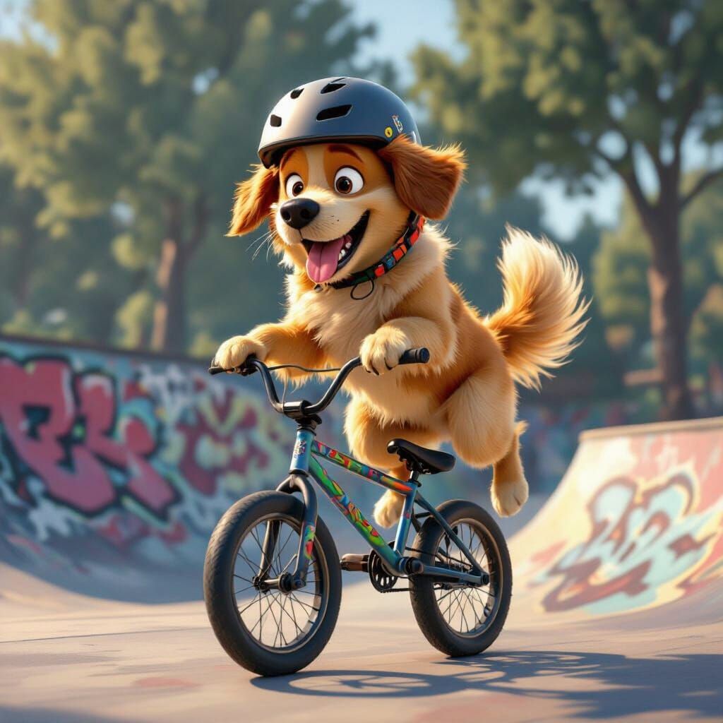 Joyful Golden Retriever BMX Trick in Skate Park