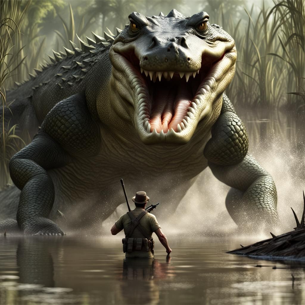Hunter Attacked by Crocodile in Swamp: 3D Render