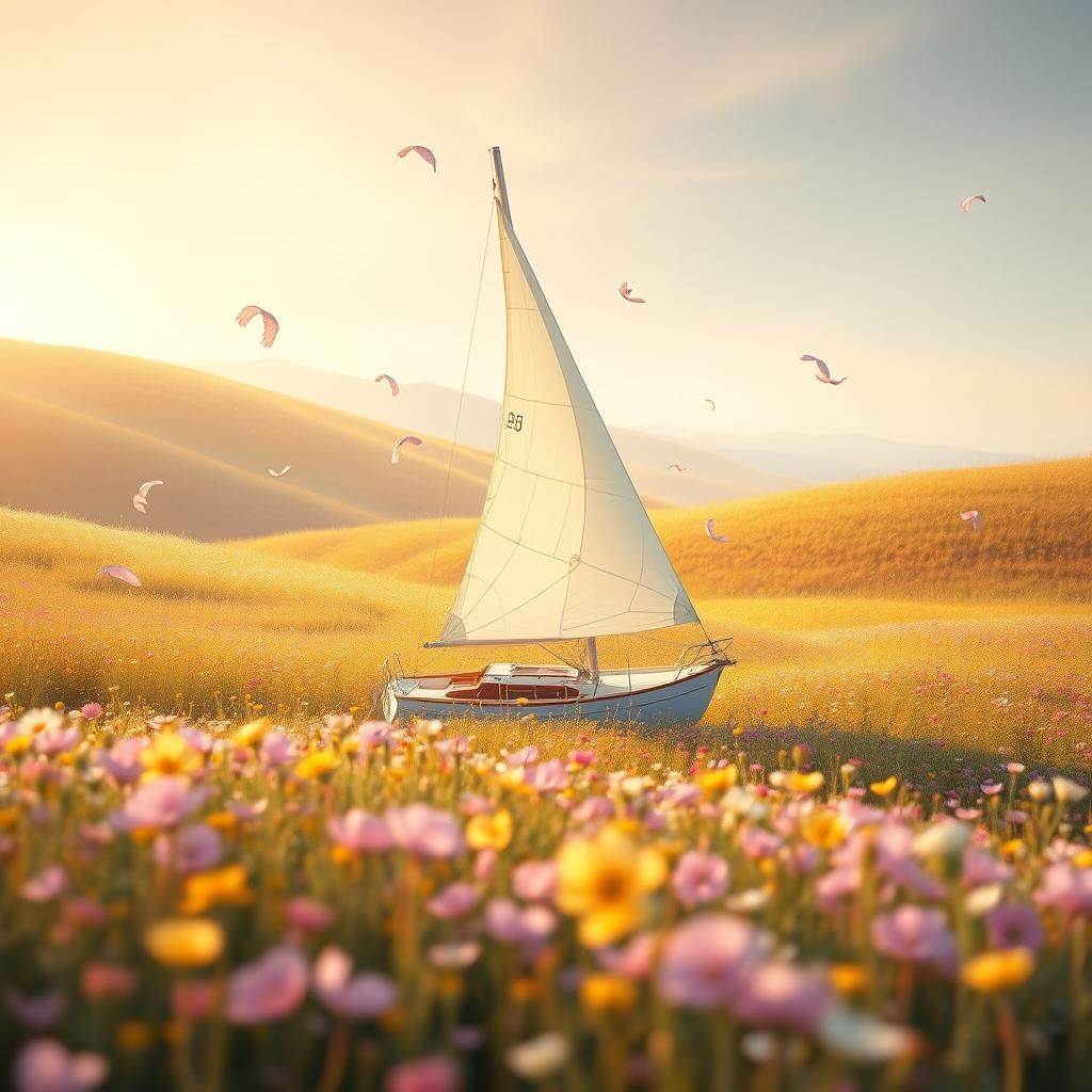 A small sailboat in a field of flowers, gently moving with t...