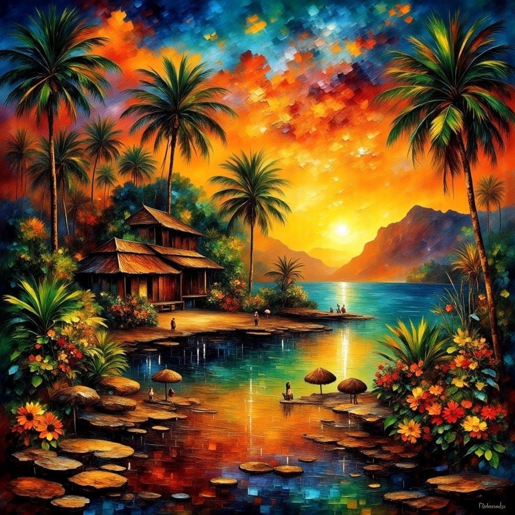 South Pacific Village Sunrise, Beautiful Island View