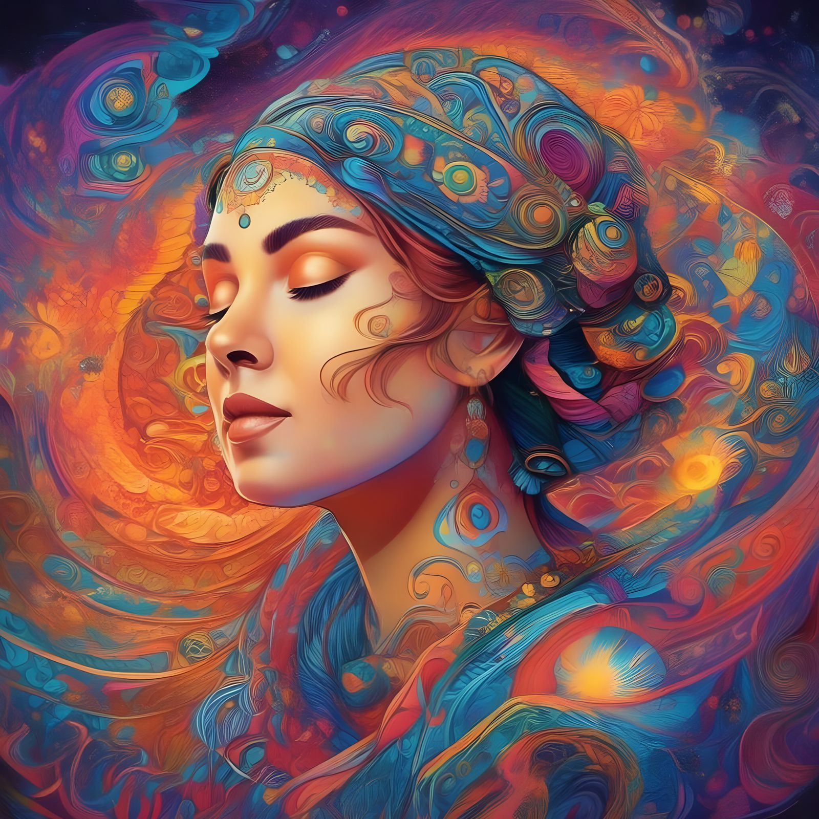 Native Woman Gazing into Nebula in Storybook Style