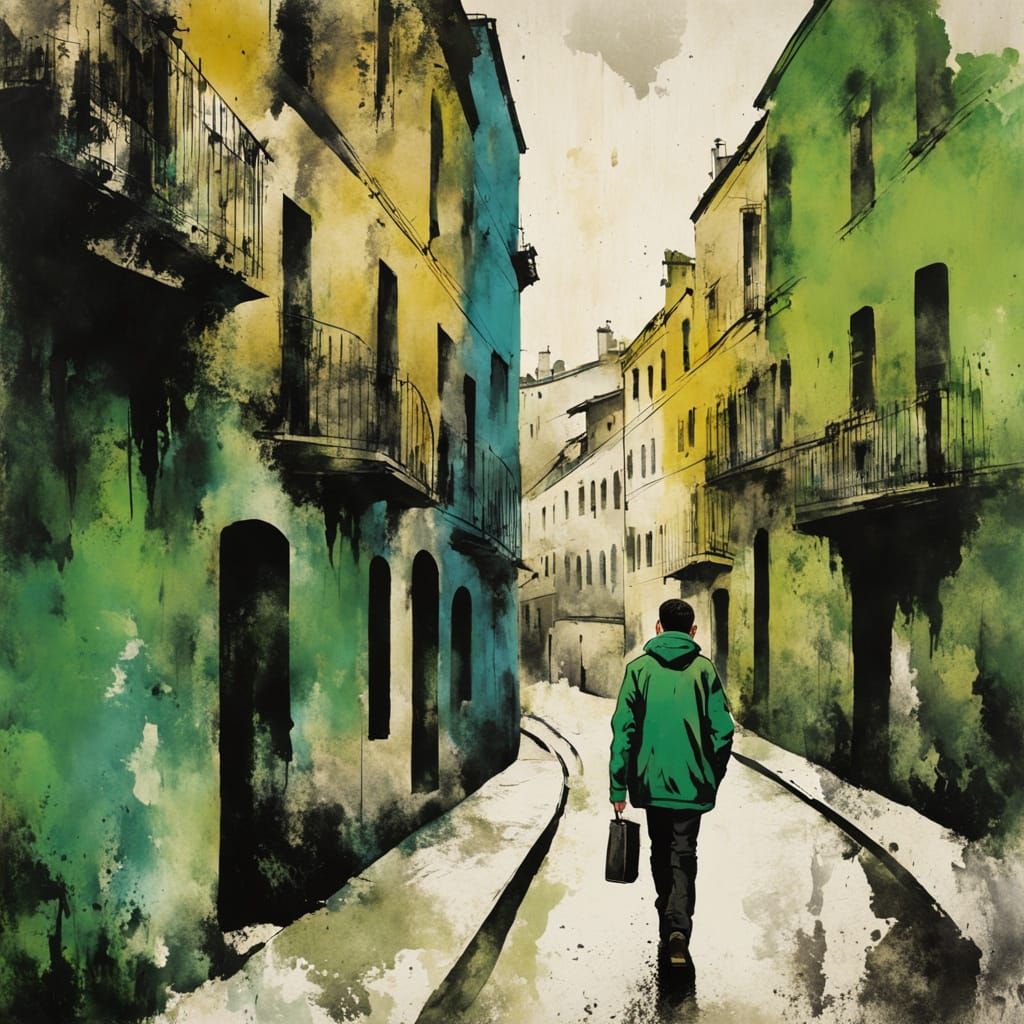 Boy in Green Jacket Walks Through City in Vintage Ink Painti...