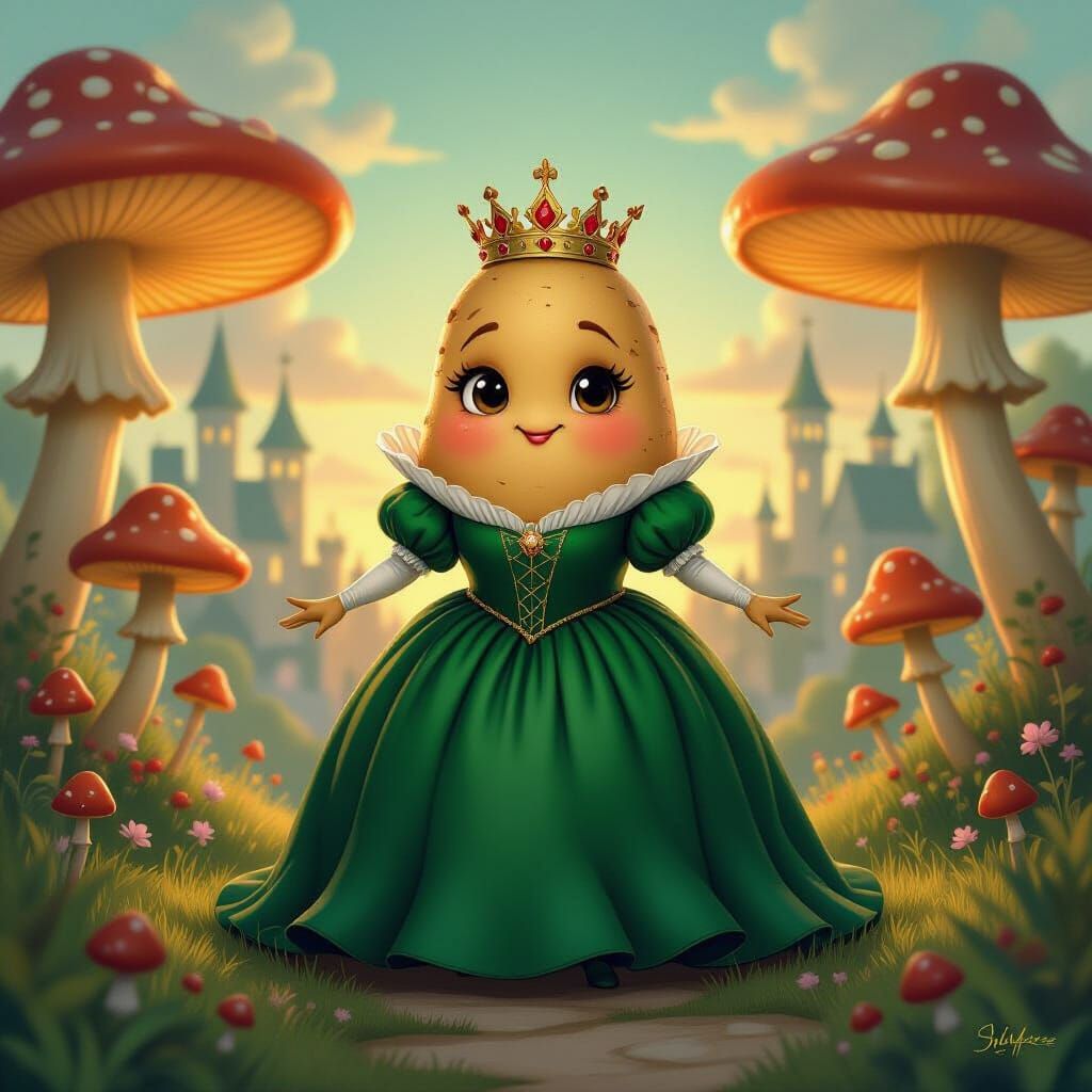 Anthropomorphic Potato King in Emerald Gown with Glowing Mus...