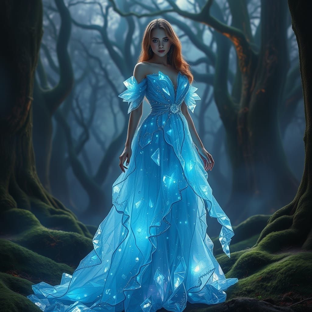 Woman in Shimmering Blue Crystal Gown in Mystical Forest