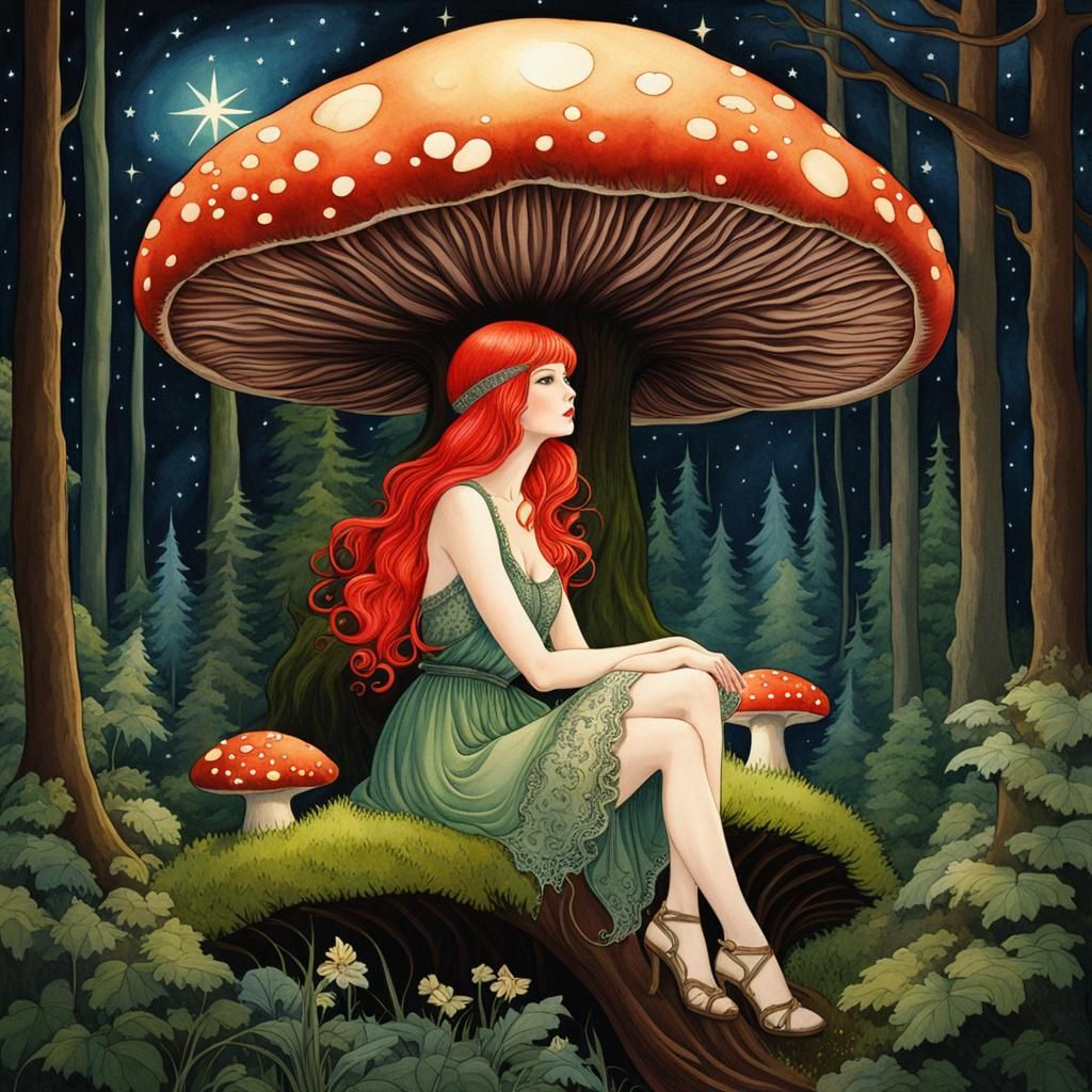 Redhead on Glowing Mushroom in Art Nouveau Watercolor