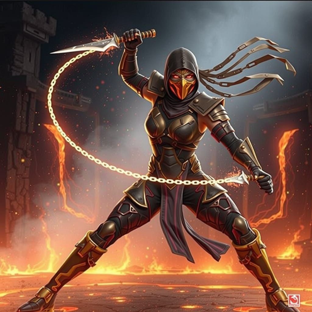 Female Ninja Warrior in Fiery Arena as Digital Art