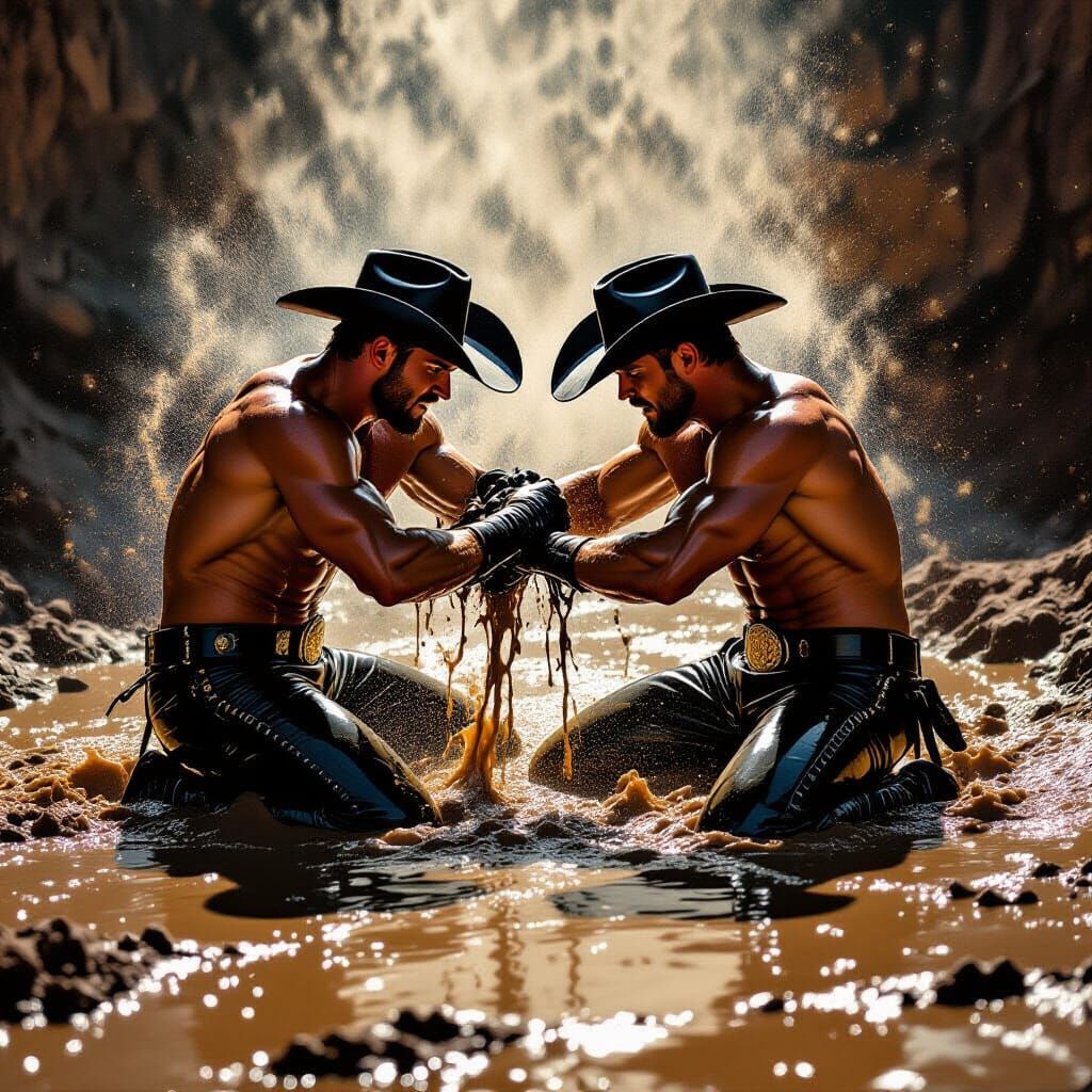 Cowboys Wrestling in Mud Pit with Dramatic Lighting