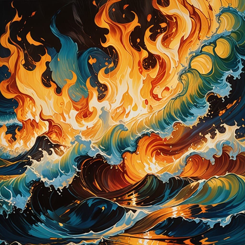 Clash of Fire and Water in Vibrant Oil Painting