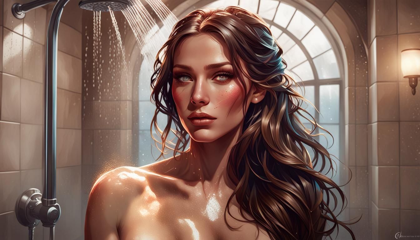 Stunning Model in Shower, Hyperdetailed Digital Portrait
