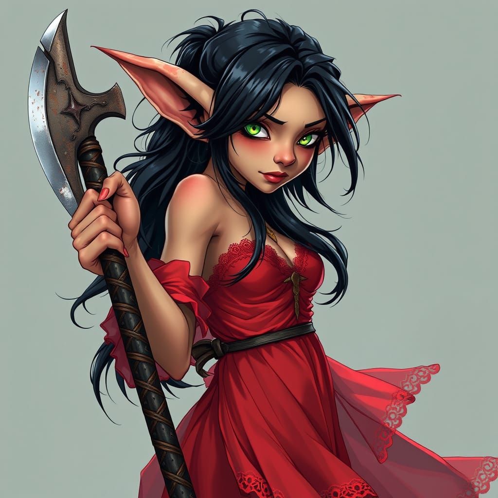 Sultry Goblin Warrior in Anime-Inspired Red Dress