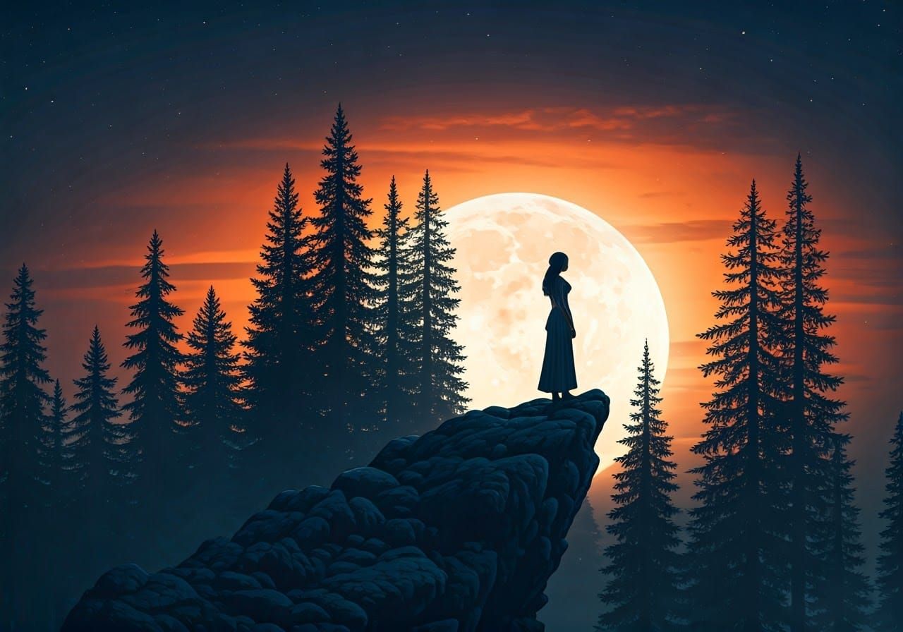 Luminous Moonrise in Rocky Landscape with Trees