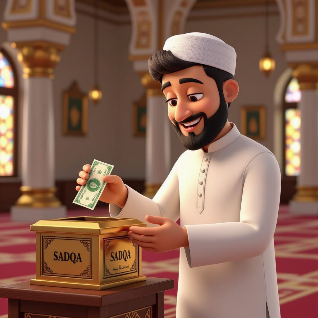 Muslim Man Donating to Charity in 3D Cartoon Style